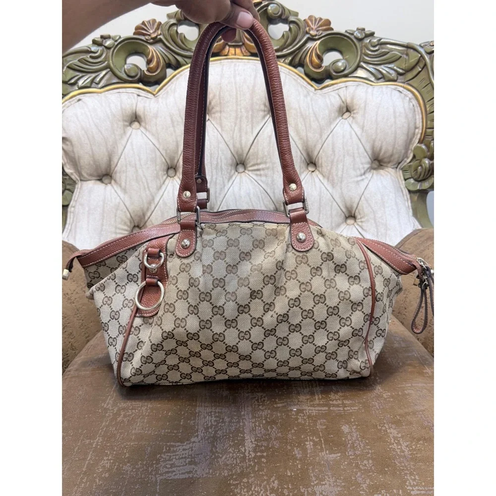 Gucci GG Monogram Canvas Sukey Boston Bag Beige Brown Leather 223974 48754